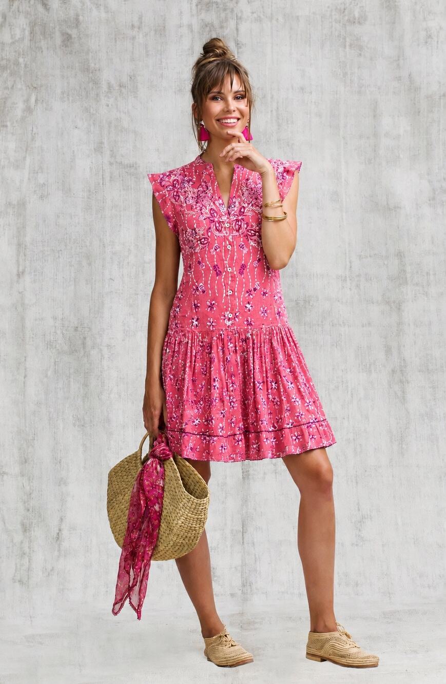 Poupette St Barth Amor Resort Boho Mini Dress Pink Pineapple Drop Waist NWT S